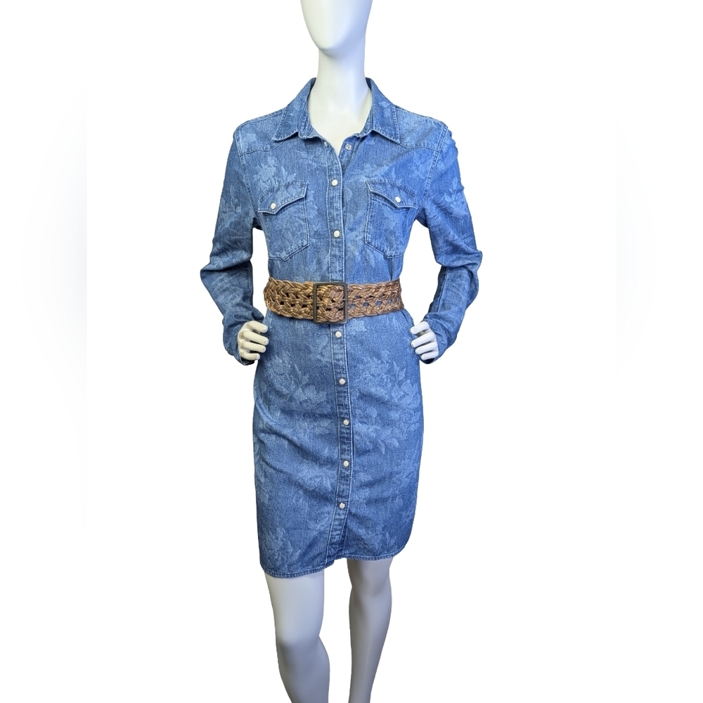 GAP Western Pearl Snap Denim Dress | Bleached Floral Wash | 100% Cotton | Size M